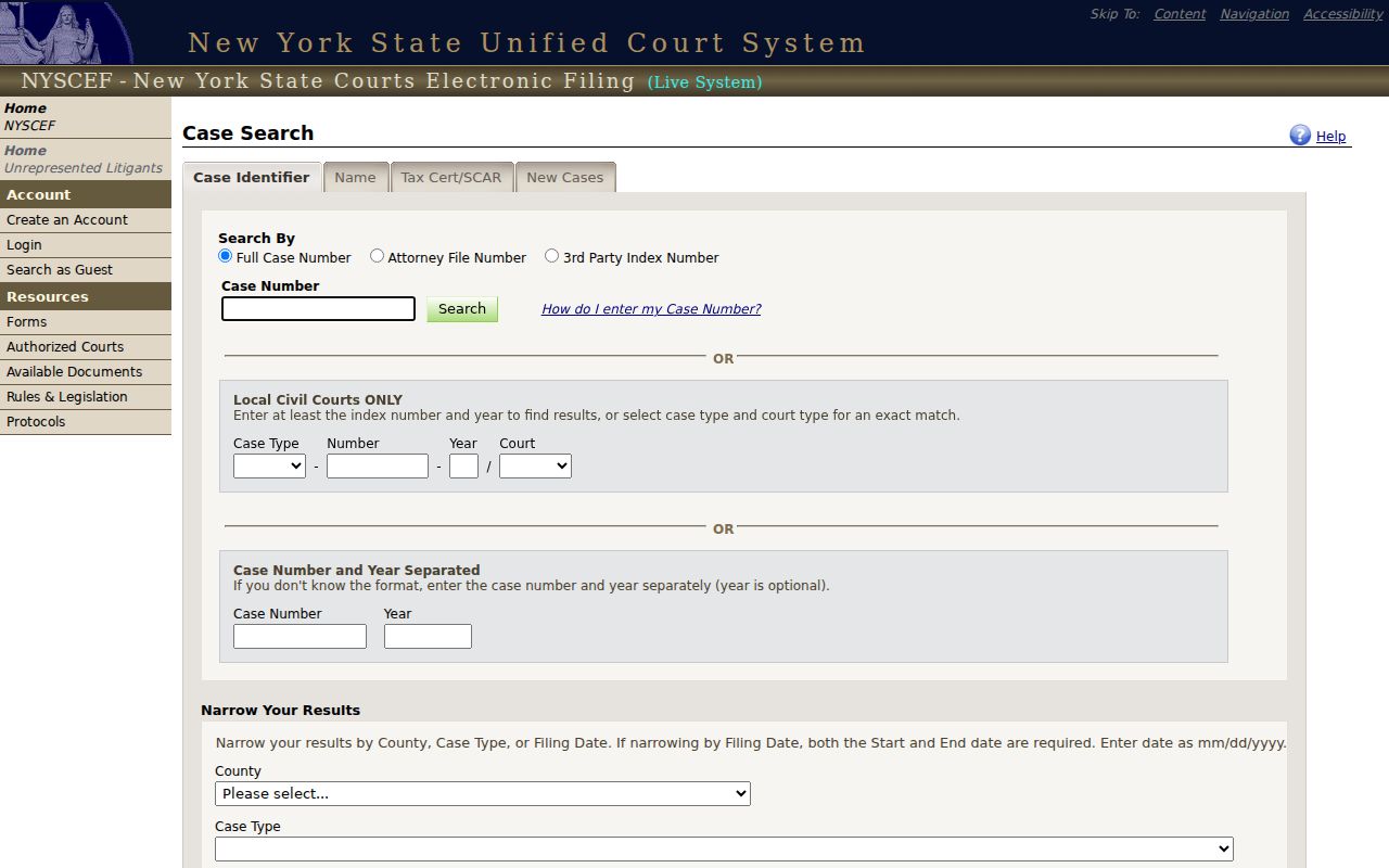 Orchard Park resident lookup through the NYSCEF guest case search
