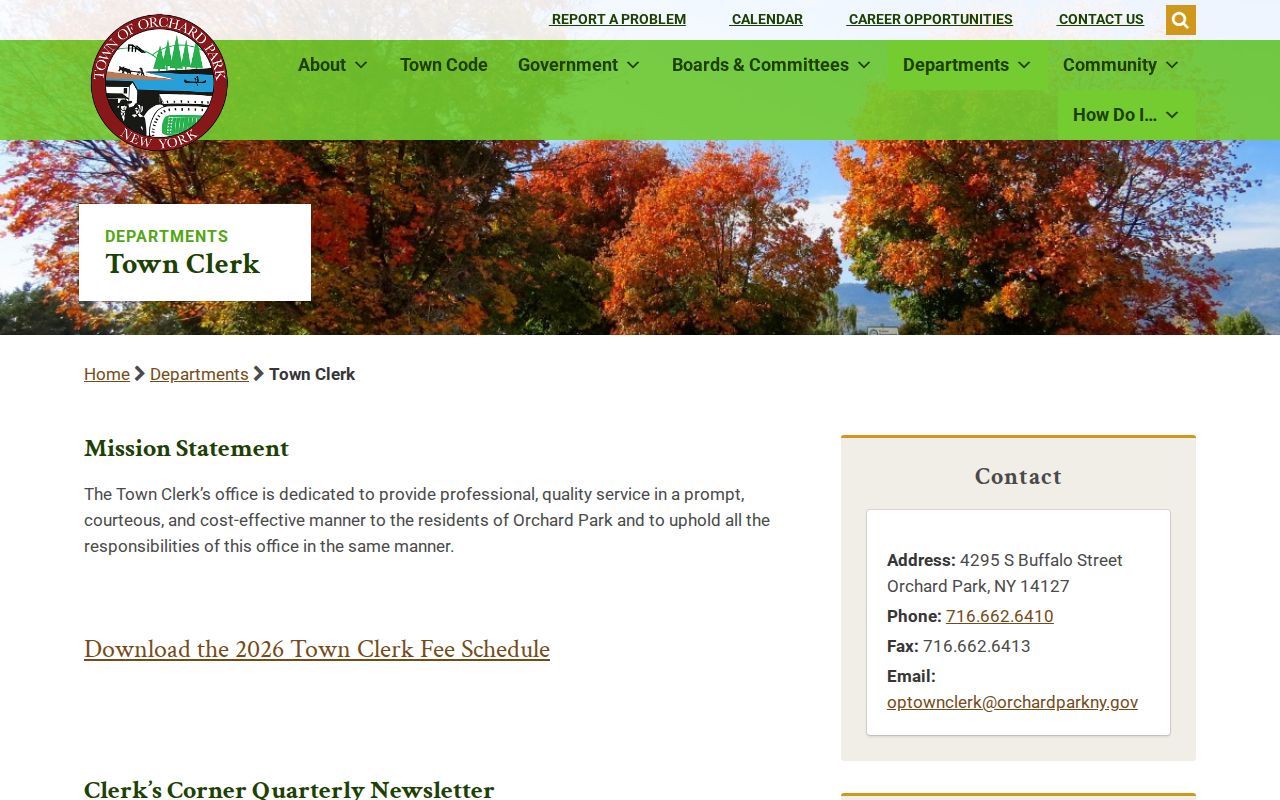 Orchard Park residents directory Town Clerk records contact page